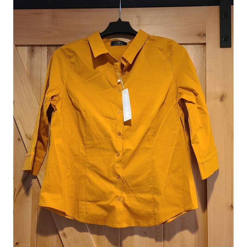 New! Made By Johnny Women Plus Size 3XL Mustard 3/4 Sleeve Stretch Button Shirt